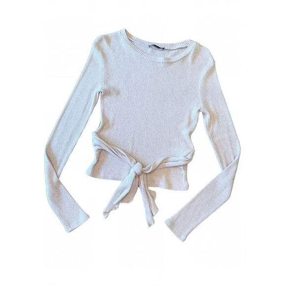 Zara Ribbed Tan Long Sleeve Tie Waist Top Size Small 0561 - Picture 1 of 6